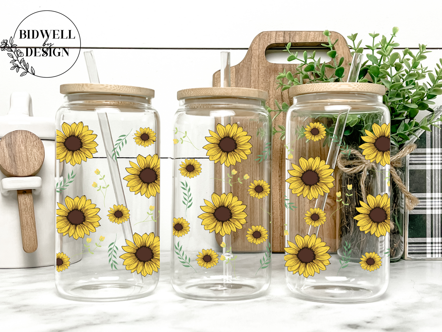 Sunflower & Leaves Glass Can Wrap