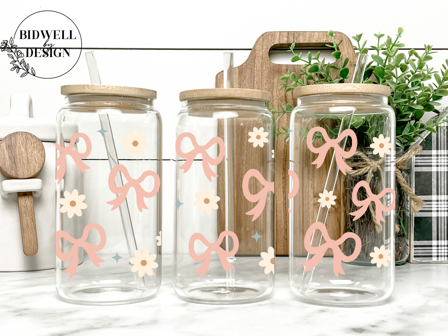 Pastel Bow & Daisy Glass Can Wrap