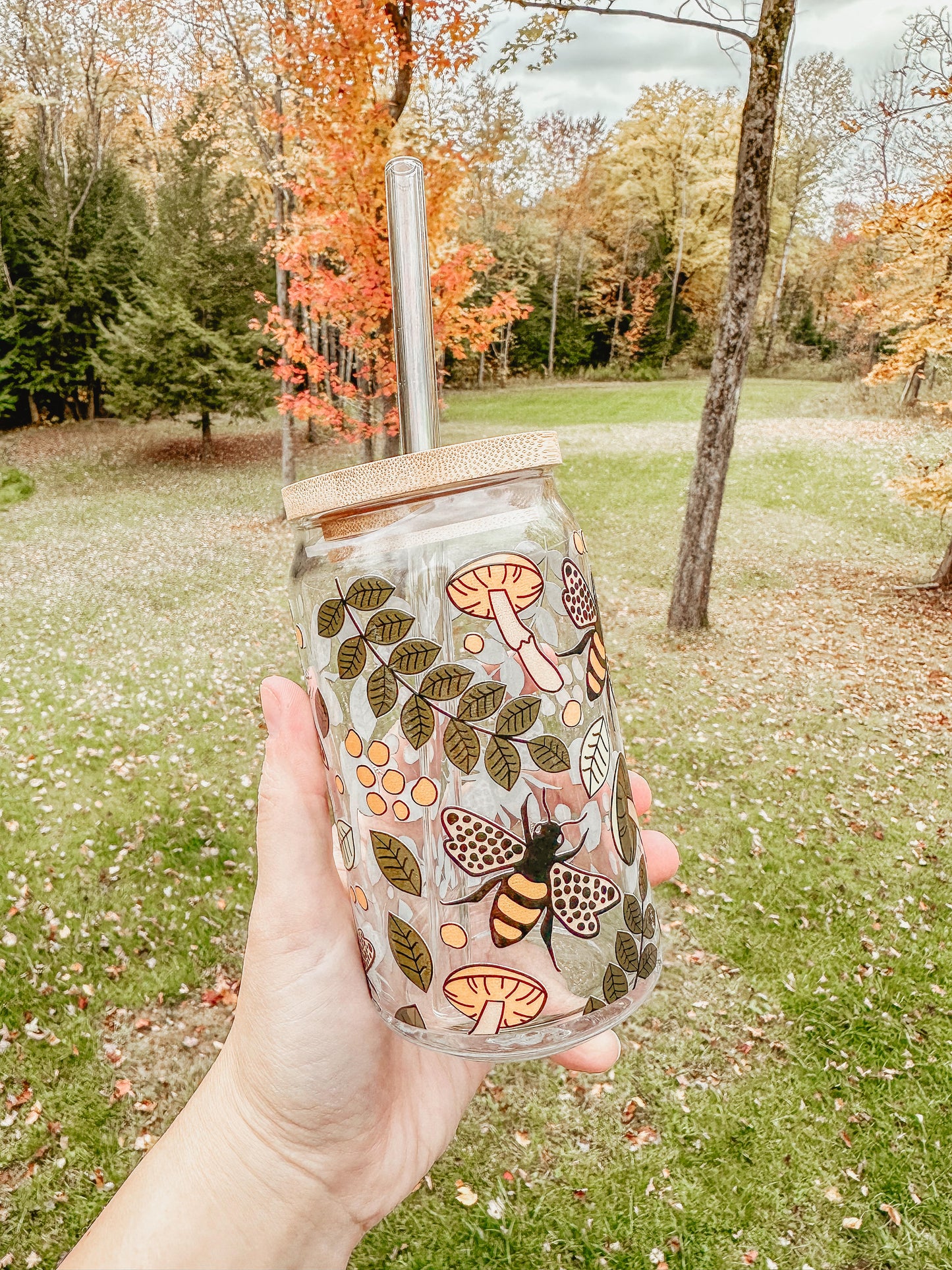 Boho Mushroom & Bees Glass