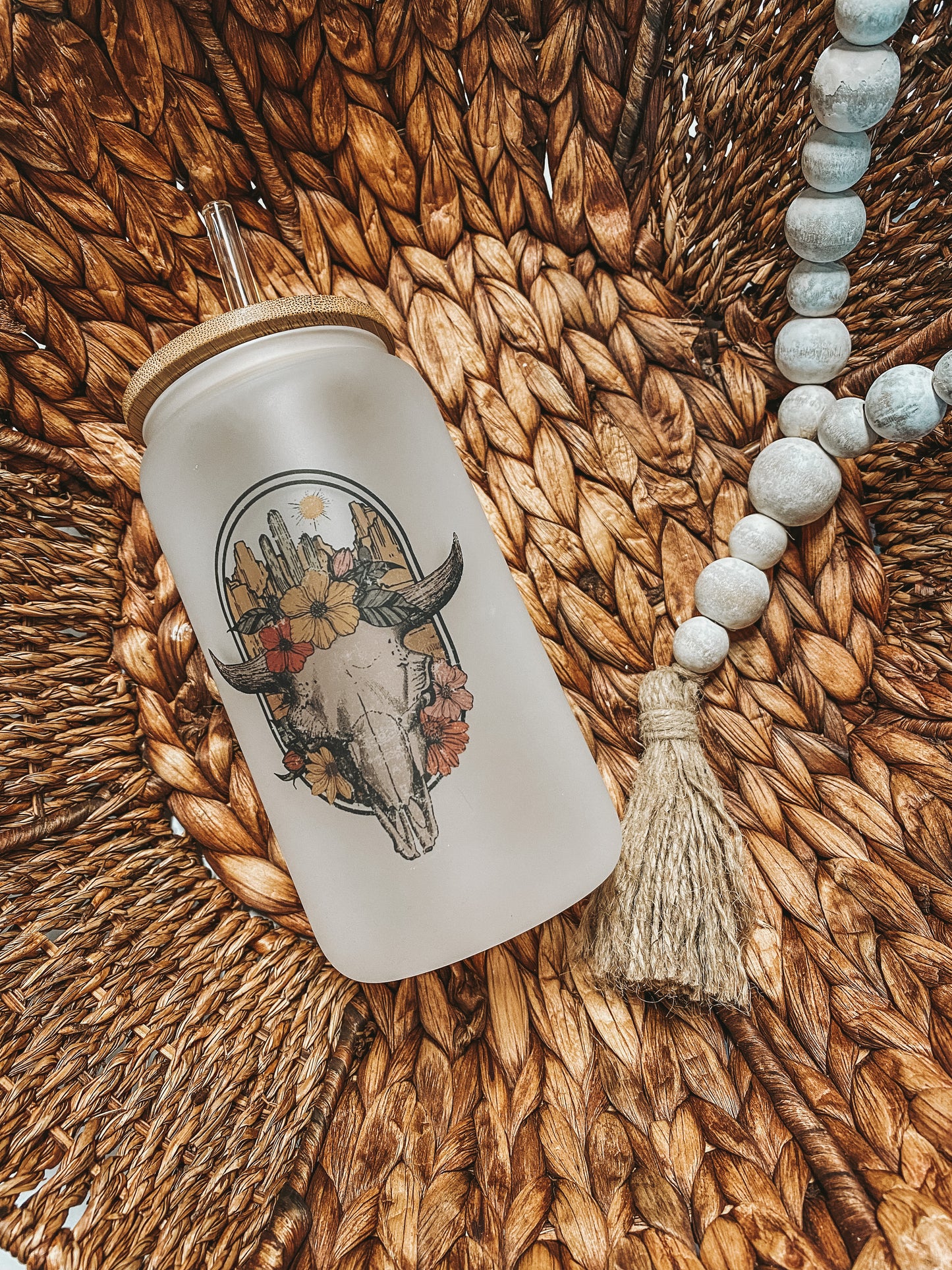 Floral Bull Skull Frosted Glass