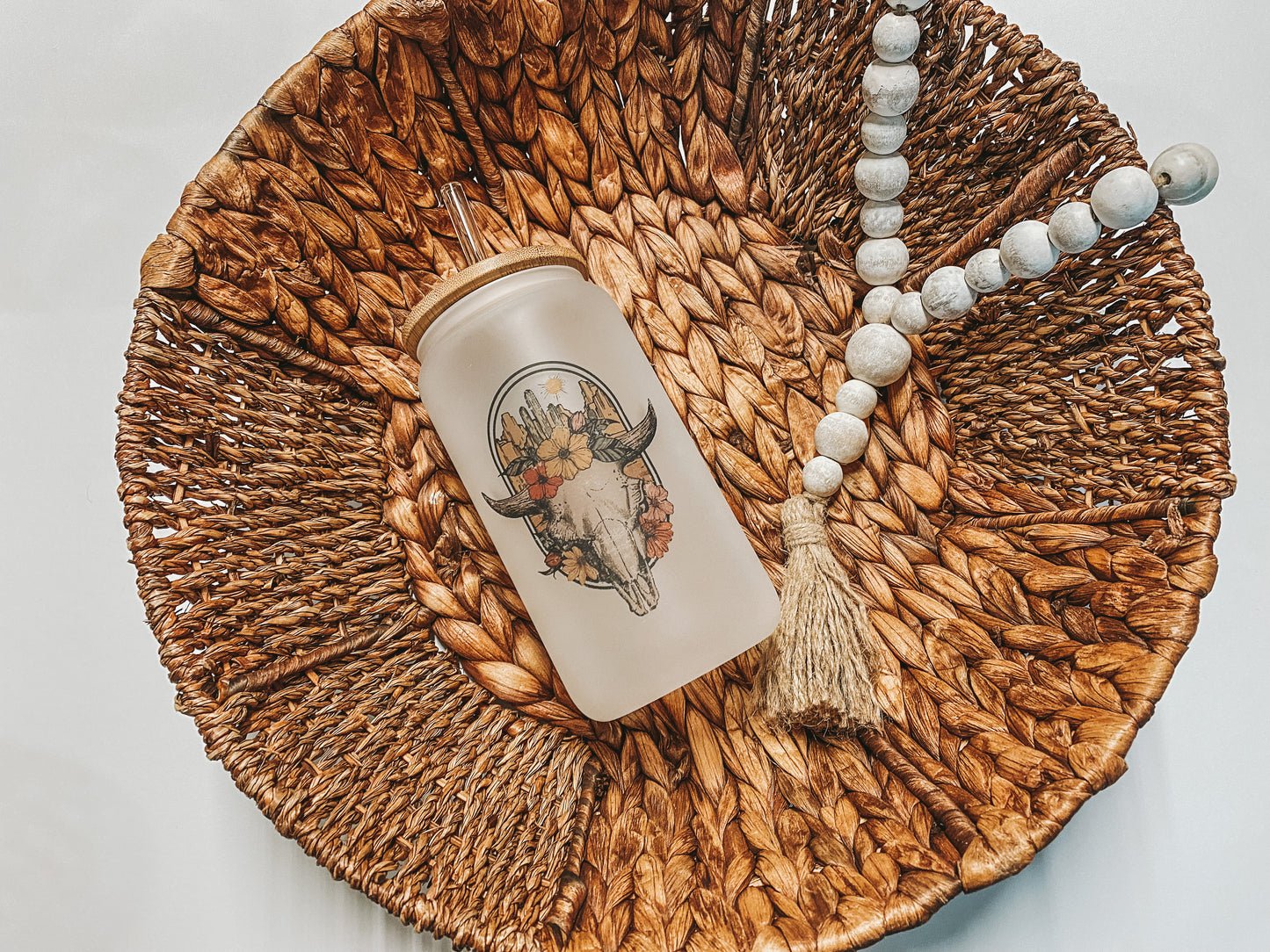 Floral Bull Skull Frosted Glass