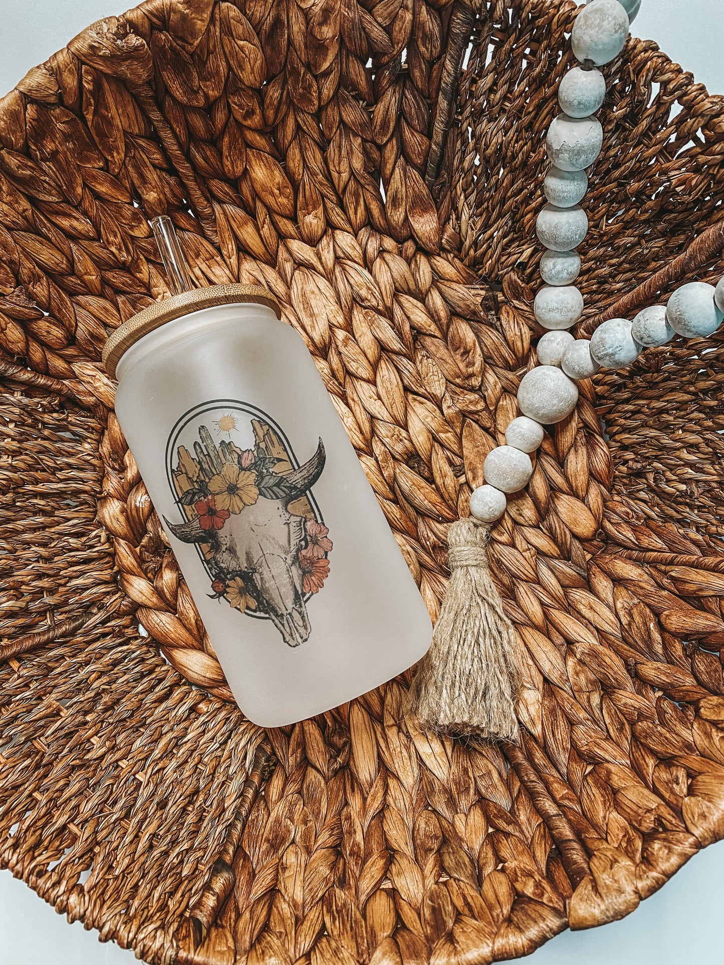 Floral Bull Skull Frosted Glass