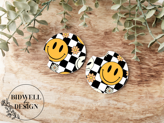 Checkered Smiley Car Coasters