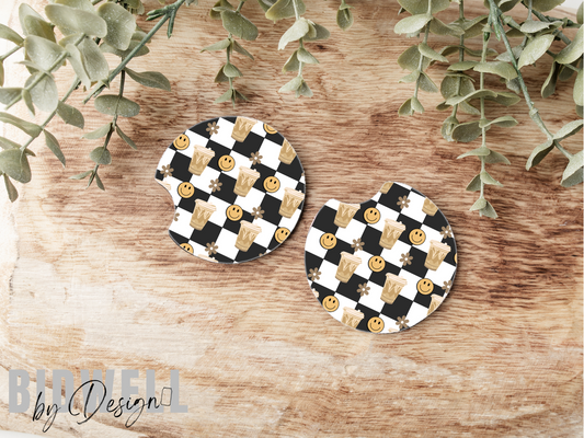 Iced Coffee Checkered Car Coasters