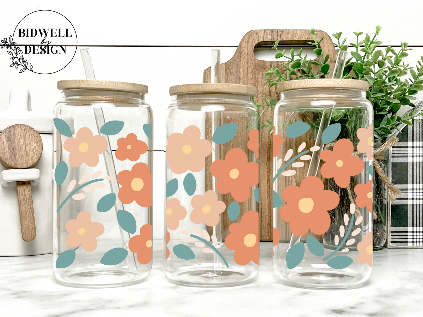 Peach & Blue Flowers Glass Can Wrap