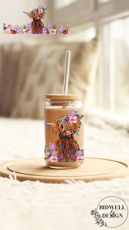 UV DTF Highland Cow Glass Can Wrap