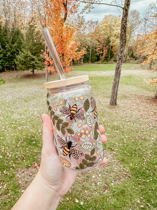 Boho Mushroom & Bees Glass